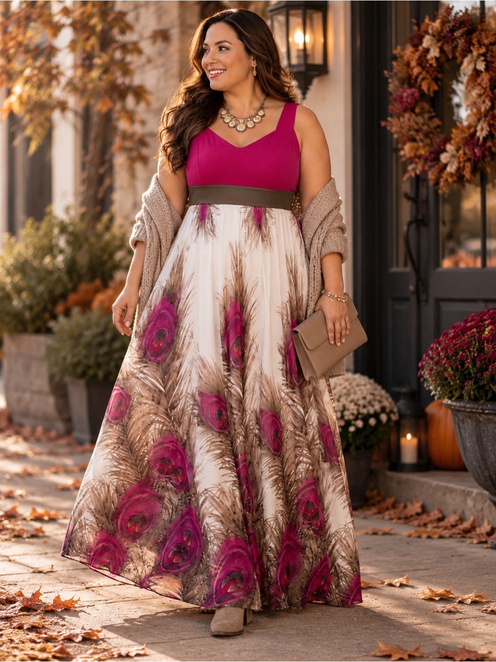 IGIGI Peacock Feather Print Maxi Dress 12 Pink‎ Resort Cruise Wedding Guest Boho